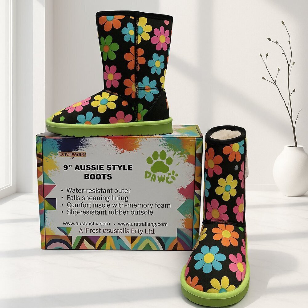 Y2K Flower Power Winter Boots Faux Fur Lined Retro Hippie Floral Sz 7